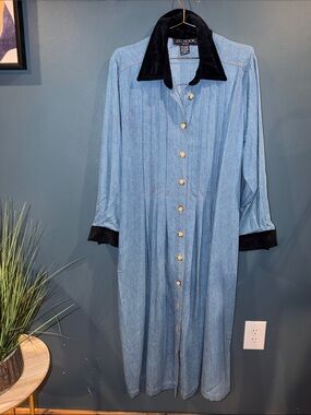 J.G. Hook Light Blue Denim Maxi Dress with Black Velvet Trim